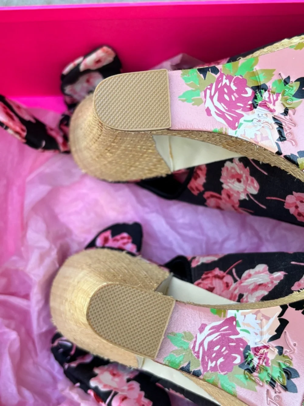 NIB Vntg Betsey Johnson Rose Print Espadrille Slingback Bow Wedges Sz. 10M